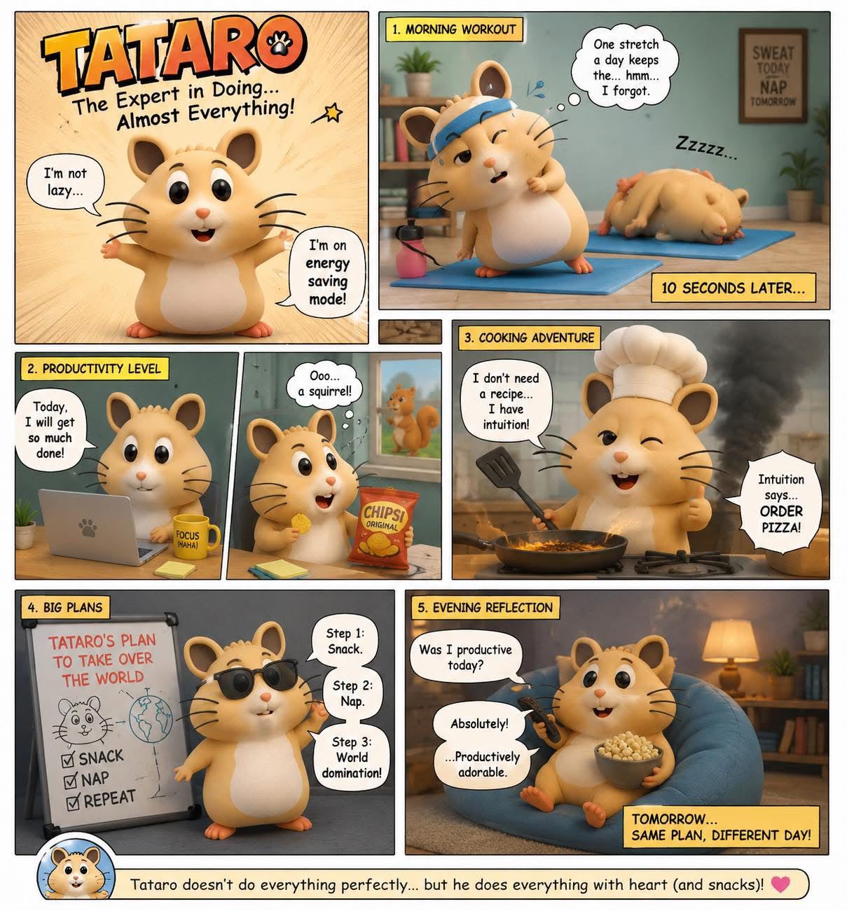 Tataro comic strip: morning workout, productivity level, cooking adventure, big plans, and evening reflection